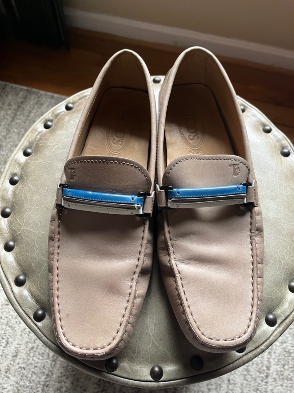 Tod's Taupe Leather Loafers with Blue Accent Bar, man’s size 8, made in 🇮🇹